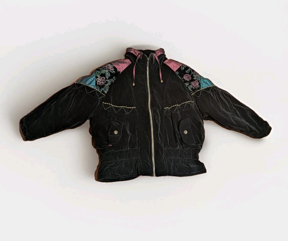 Vintage 80s 90s Casual Club 18W Black Velour Jacket Floral Beaded Embroidered